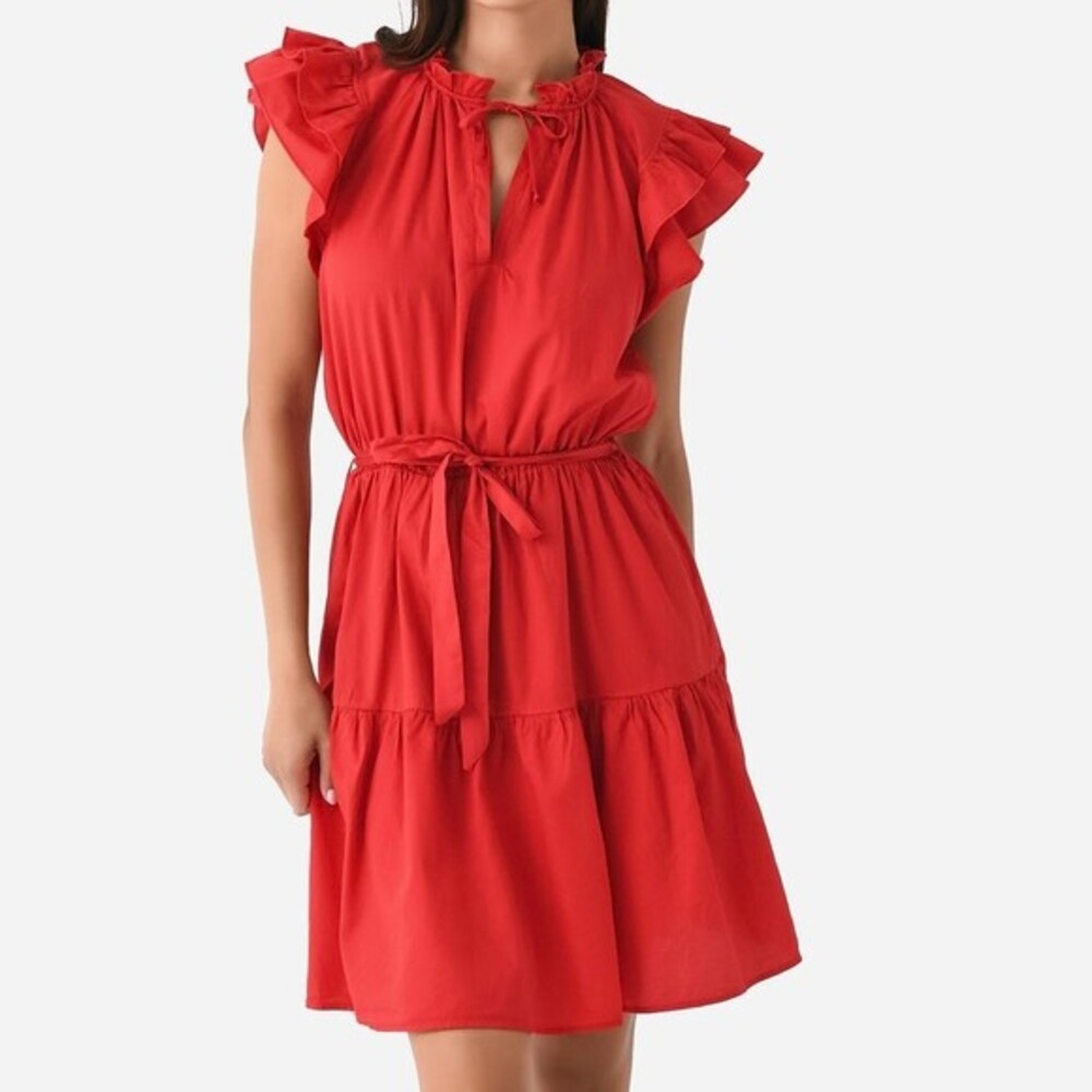 Stark X Ruffle Tiered Mini Dress L Red Boho Cottagecore Flutter Sleeve Cotton